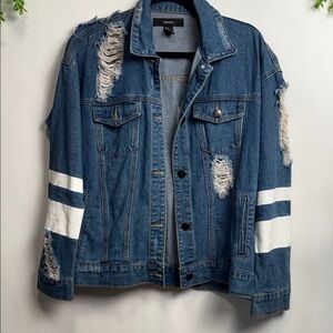 Forever 21 Distressed Denim Jacket with White Accents